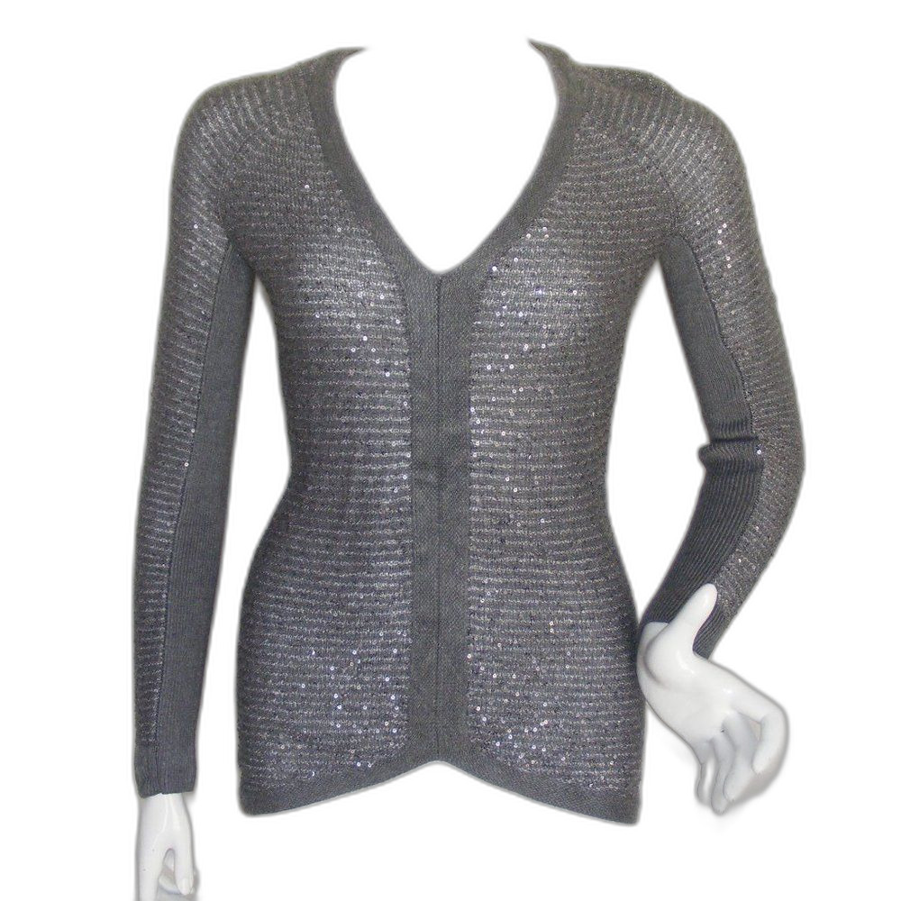 CACHE Sweater, S, Gray, Sequins, Asym hem, Long Raglan sleeves, Lightweight
